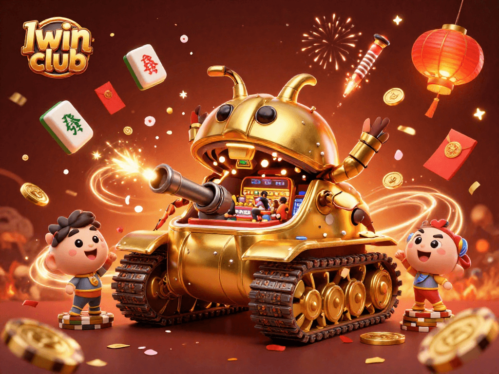 Iwin club showcases a vibrant celebration scene featuring a massive golden beetle tank casino bursting with confetti and exciting game elements.