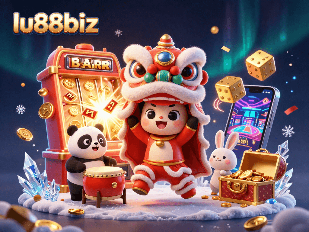 Spin and win at lu88biz with vibrant characters celebrating in a festive casino atmosphere.