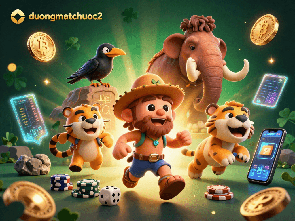 Engage in thrilling gameplay with duongmatchuoc2 featuring a prehistoric casino scene with vibrant 3D cartoon characters.