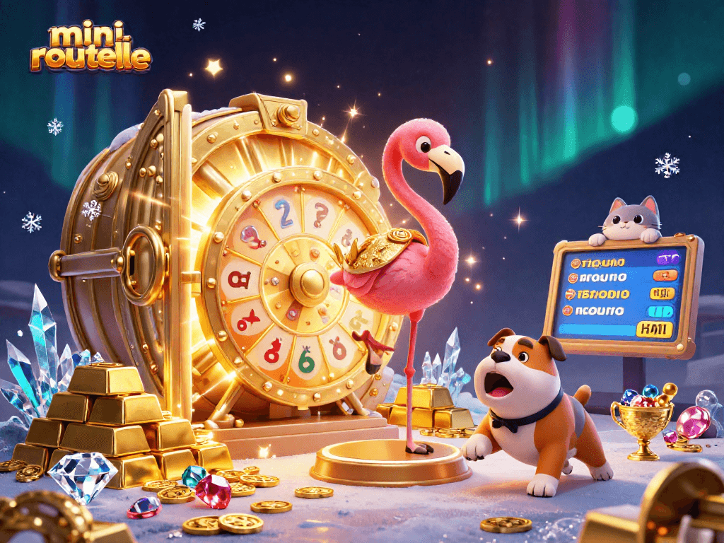 Engaging scene of mini-roulette where a game show host flamingo and bulldog contestant reveal winning moments.