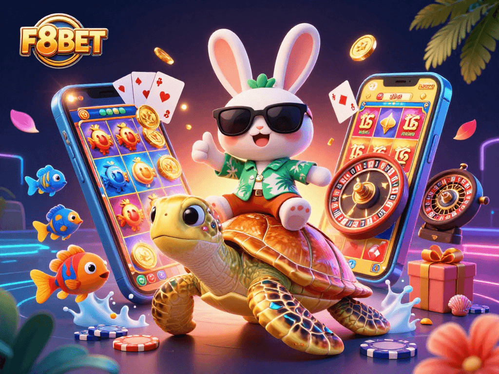 Win big with F8BET by enjoying vibrant casino fun featuring a lucky rabbit and sea turtle.