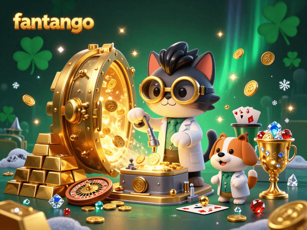 Join the excitement of fantango with a lively scene of casino gaming, featuring golden treasures, and playful characters.