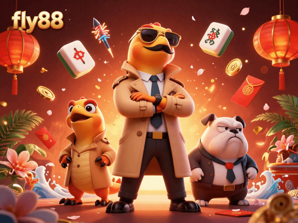 Experience the thrill of fly88's VIP lounge with raptors and casino elements in a vibrant scene.