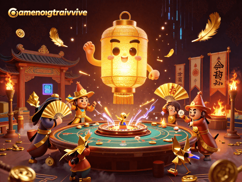 Engage with gamenongtraivuive at this vibrant live casino scene with glowing golden lantern spirits and exciting gameplay.
