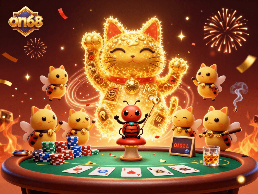Experience on68's vibrant casino thrill with a giant lucky cat and colorful poker elements.