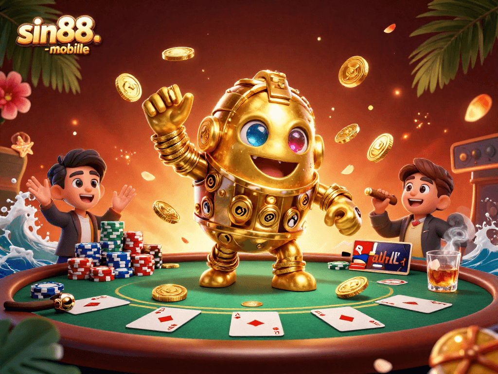 Engage with sin88-mobile's golden golem amidst a lively poker table and vibrant casino elements.