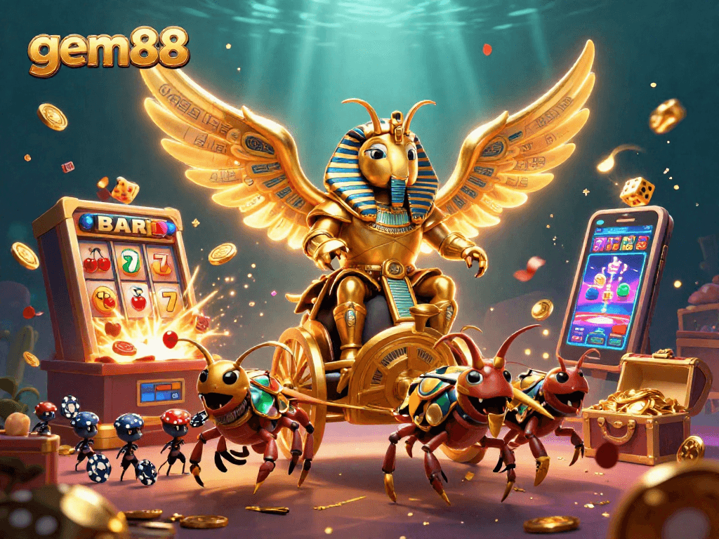 Engage with exciting gem88 gaming action featuring a golden scarab beetle in a dynamic casino scene.