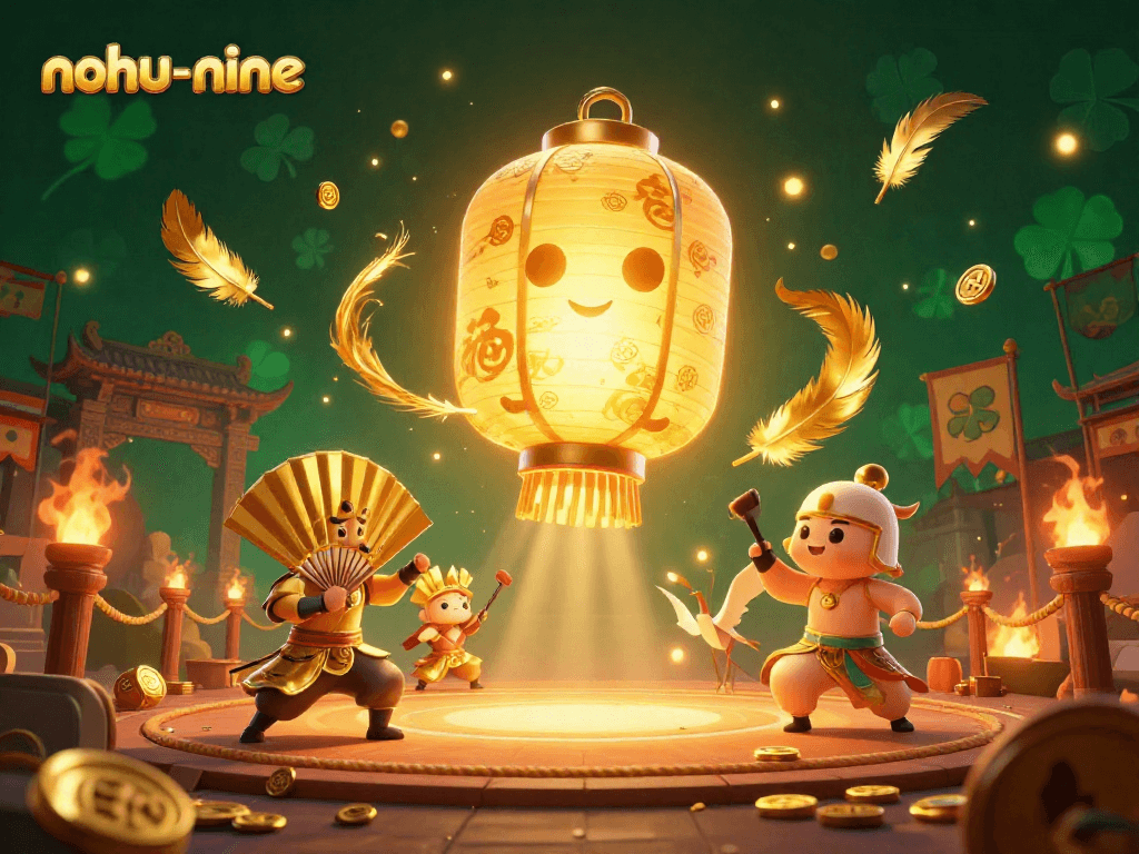 Engage in thrilling gameplay at nohu-nine, featuring a glowing golden lantern spirit and warriors in a vibrant casino scene.