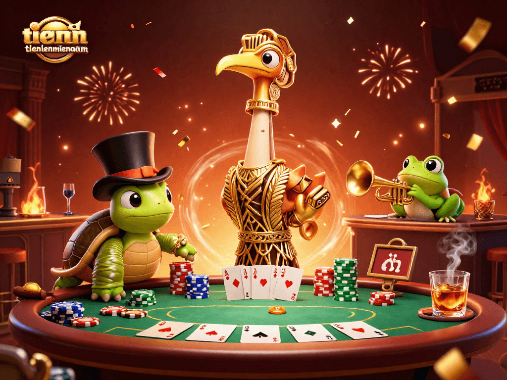 Join the electrifying action of tienlenmiennam as characters celebrate a thrilling poker showdown!