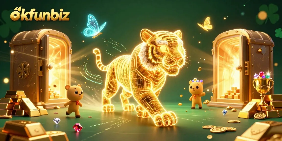 Experience excitement at okfunbiz with a vibrant 3D casino scene featuring a golden tiger amidst treasures and games.