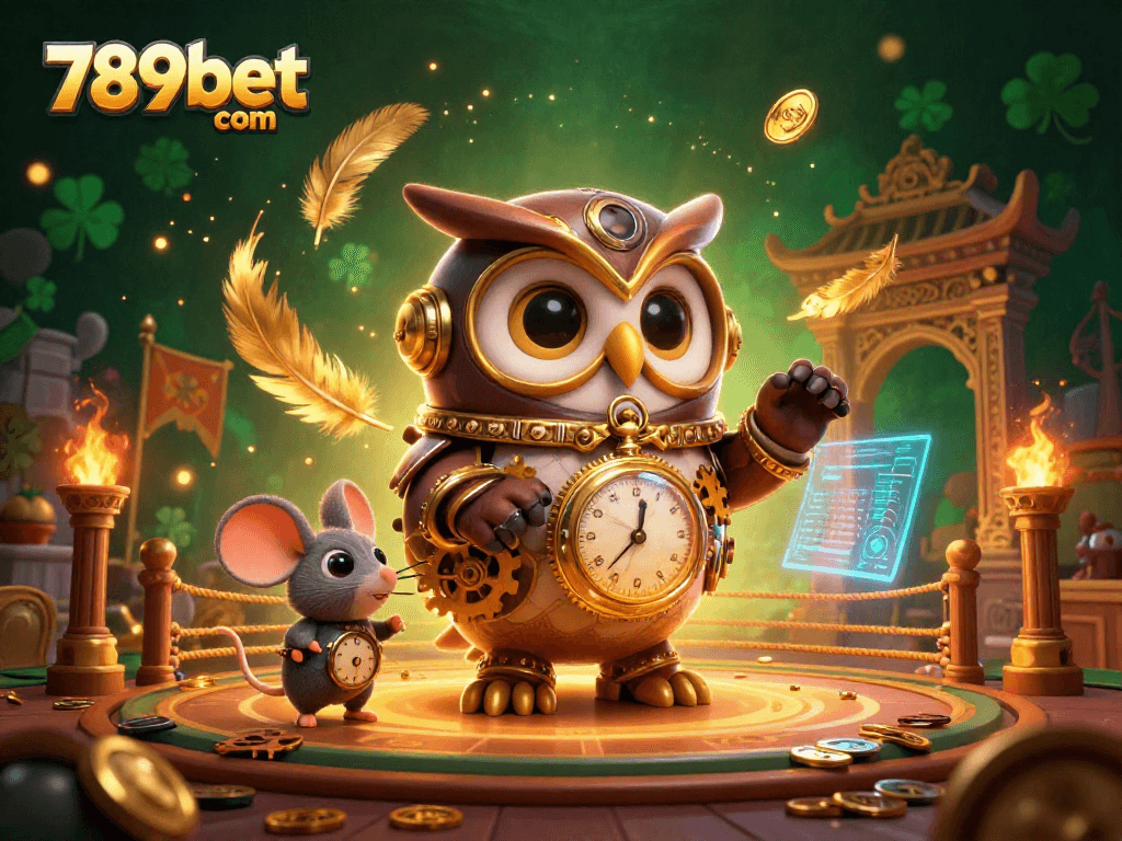 Engage in thrilling action at 789bet com with a cinematic 3D illustration showcasing a steampunk owl and vibrant casino elements.