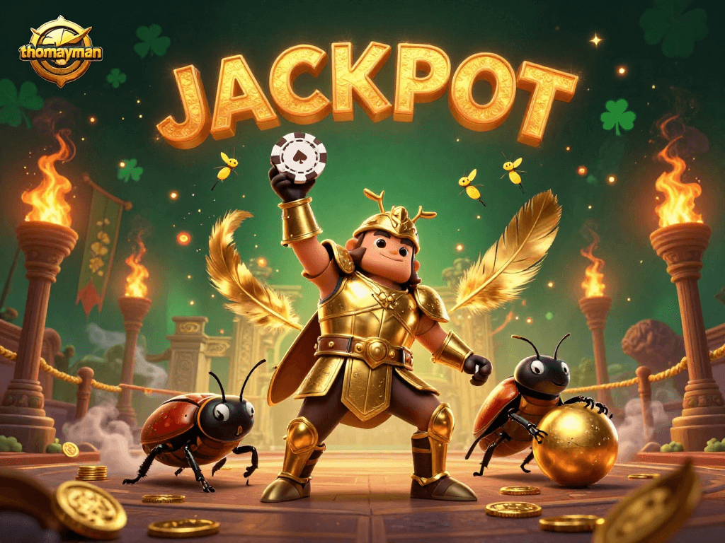 Experience the thrill of thomayman with a victorious beetle and dazzling jackpot display.