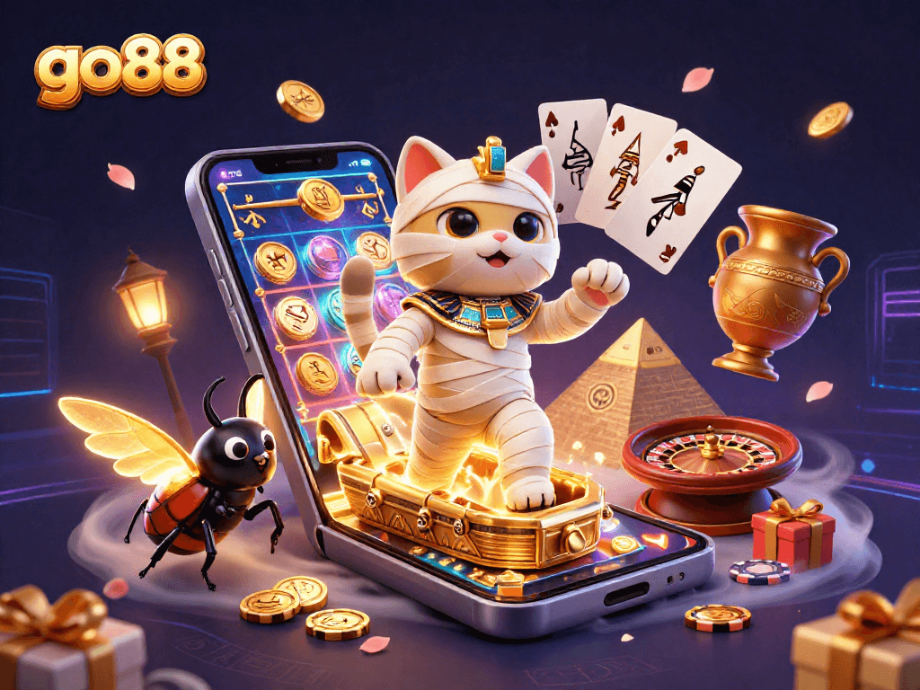 Experience the go88 magic with vibrant casino elements and a dynamic mummy cat scene.