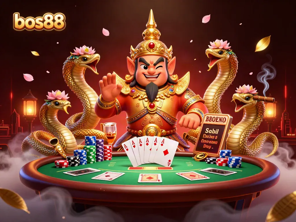 Bos88 offers an engaging casino experience with lively poker gameplay featuring colorful chips and dynamic characters.