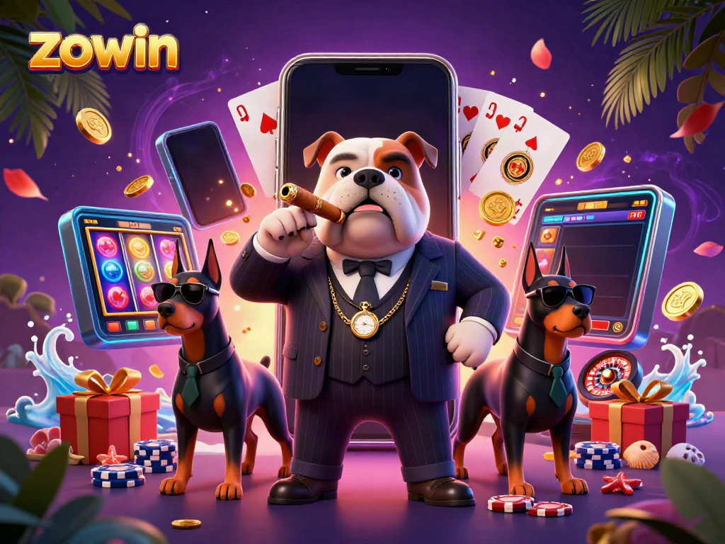 Spin and win at ZOWIN with a cartoon mafia bulldog and bodyguards surrounded by colorful gambling elements.