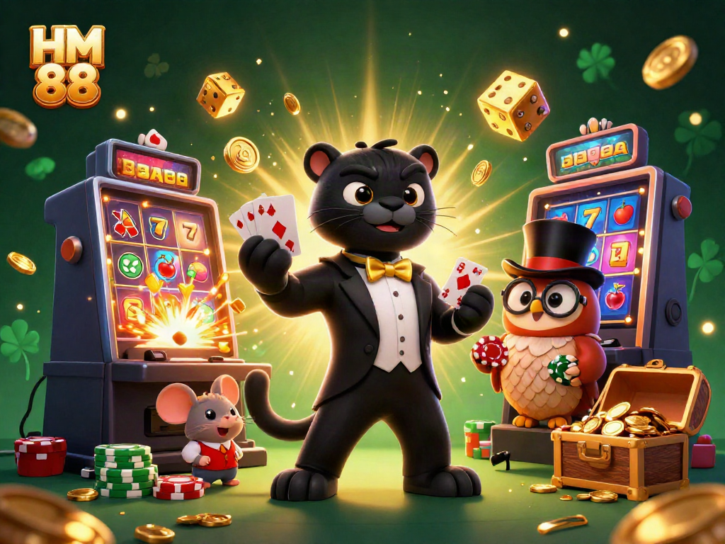 Join the excitement at HM 88 casino as the elegant panther deals cards amidst a jackpot explosion.