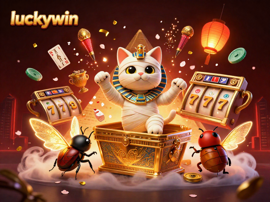 Experience excitement with luckywin's Egyptian mummy cat and golden jackpots in a rich casino scene.