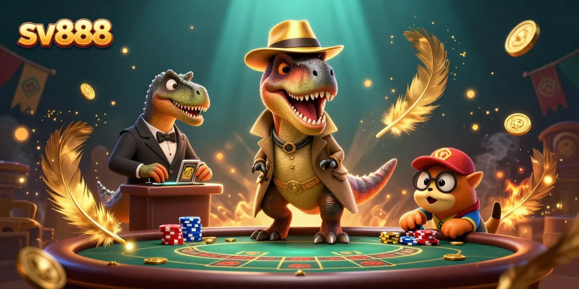 Bet on sv888 with a clever velociraptor at the blackjack table, surrounded by glittering casino elements.