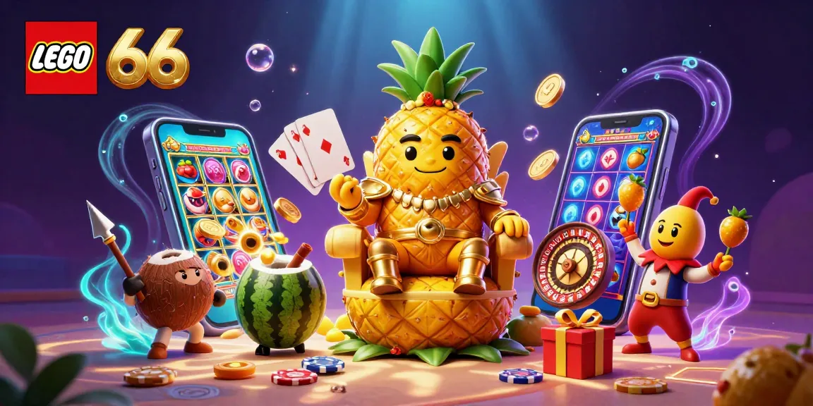 Lego66 showcases a vibrant slot game scene featuring a golden pineapple king and tropical characters.