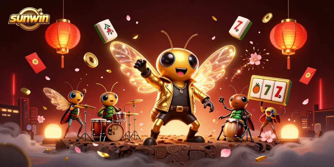 Experience the thrill of sunwin with a vibrant 3D casino scene featuring a cicada rock star and rich gaming elements.
