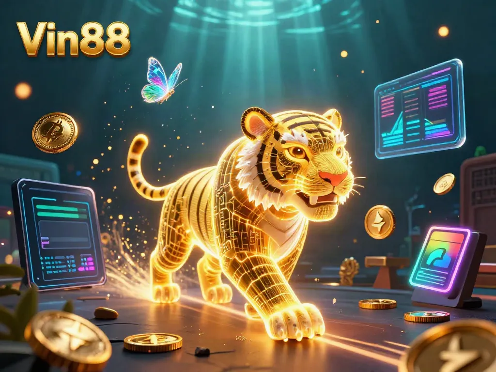 Experience thrilling gameplay at Vin88 with a radiant golden tiger and captivating crypto elements.
