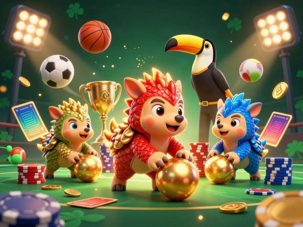EX88 interactive scene with vibrant pangolins and poker chips, celebrating gambling fun.