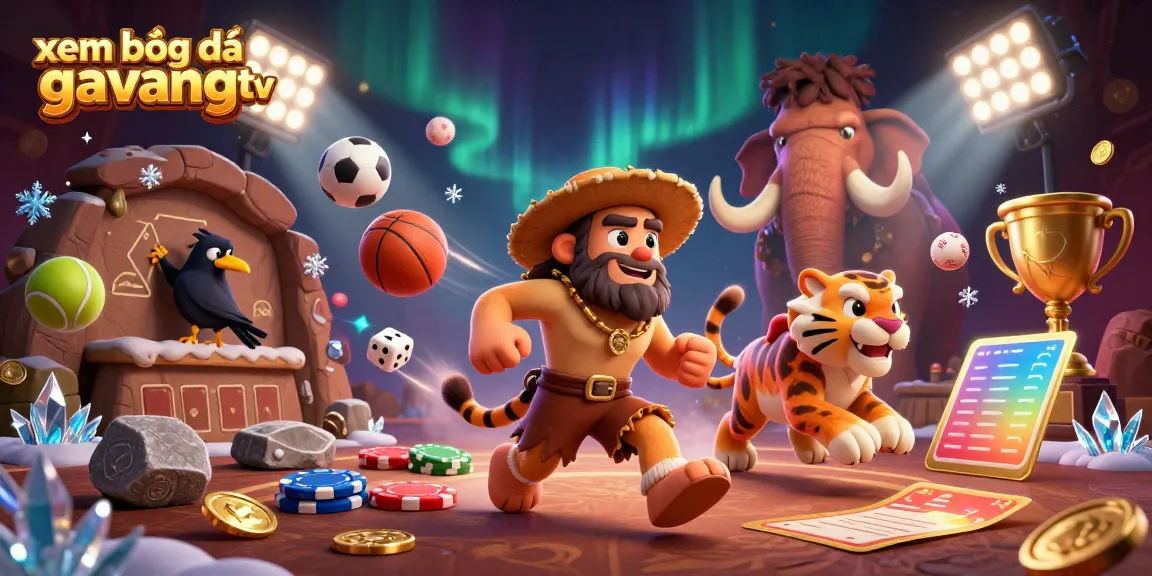 Experience xem bóng đá gavangtv in a dynamic prehistoric casino scene, featuring vibrant sports elements.