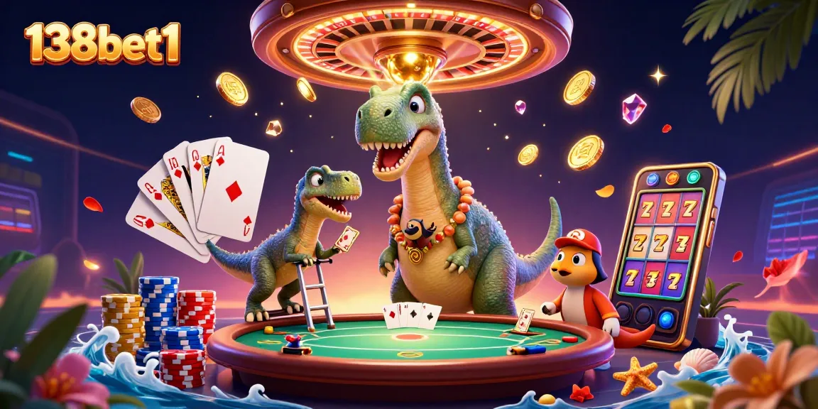 Experience gaming excitement with 138bet1's vibrant 3D illustration showcasing jackpot elements.