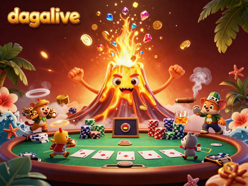 Watch thrilling live cockfighting action on DAGALIVE with vibrant characters and dynamic casino elements.