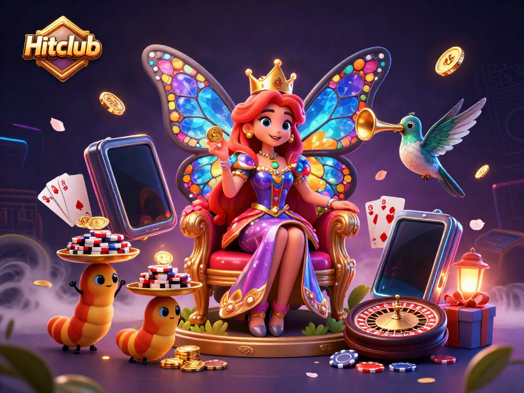 Win big with Hitclub at this vibrant casino-themed digital illustration showcasing colorful gaming elements.