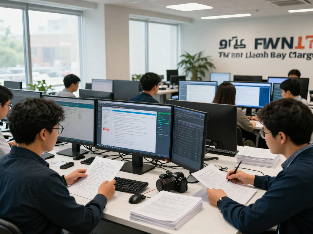 Document fraud detection through AI analysis at a modern verification center with a diverse team of analysts.