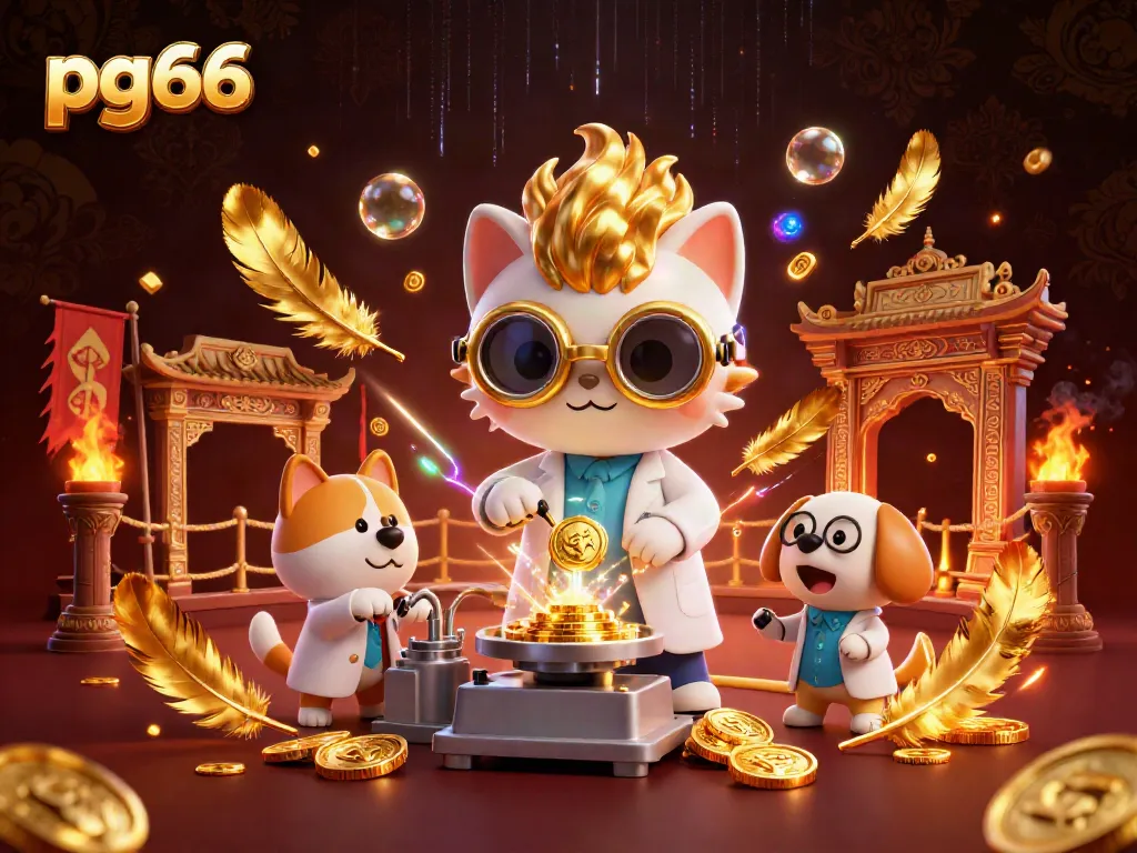 Experience the thrilling atmosphere of gaming at pg66 with a mad scientist cat and dog amid golden coins and vibrant action.