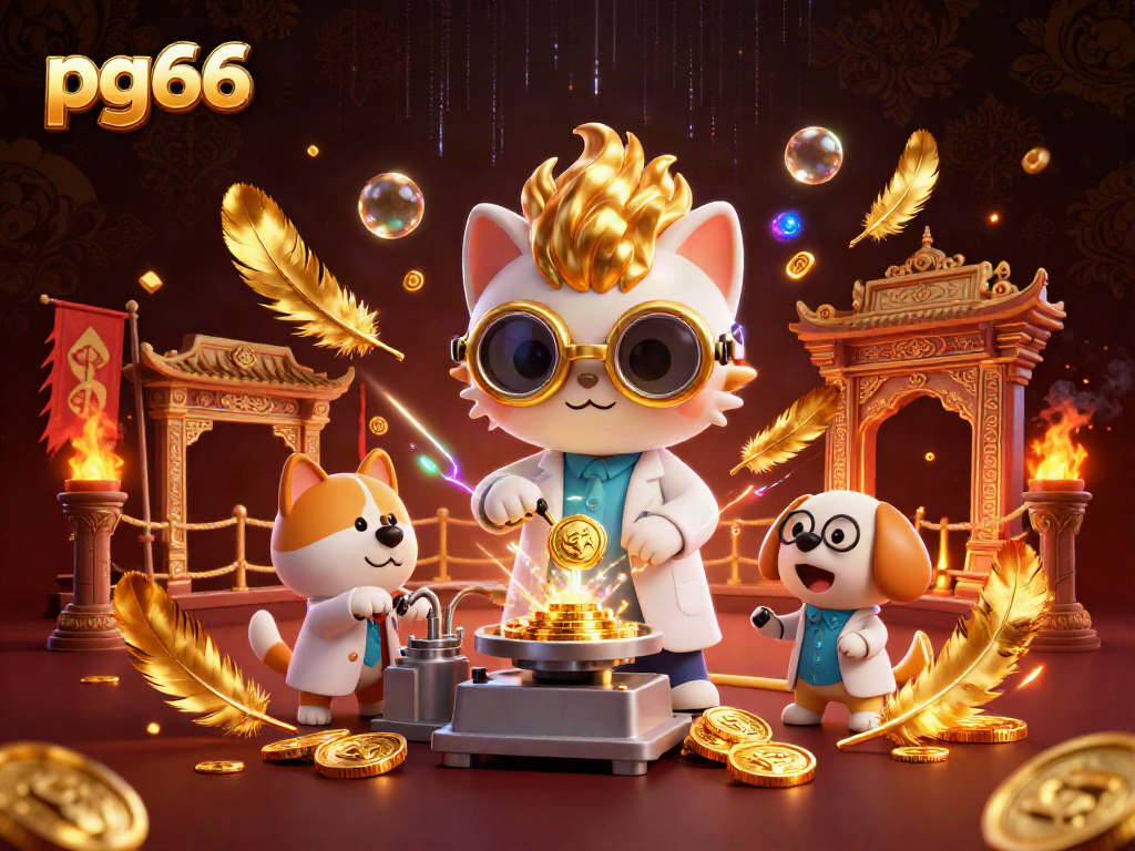 Experience the thrilling atmosphere of gaming at pg66 with a mad scientist cat and dog amid golden coins and vibrant action.
