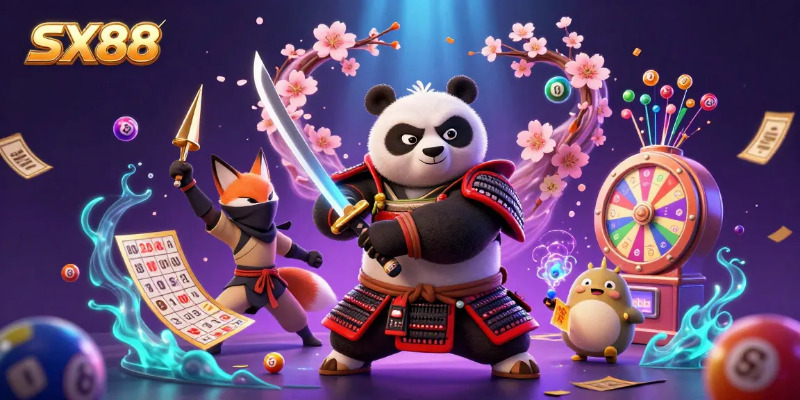 SX88 samurai panda performs a winning move surrounded by vibrant gaming elements in a dynamic scene.