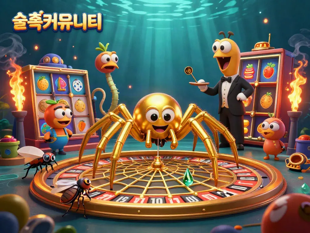Engage in the dynamic world of 슬롯커뮤니티 with a golden spider spinning a roulette wheel web, showcasing vibrant casino elements.