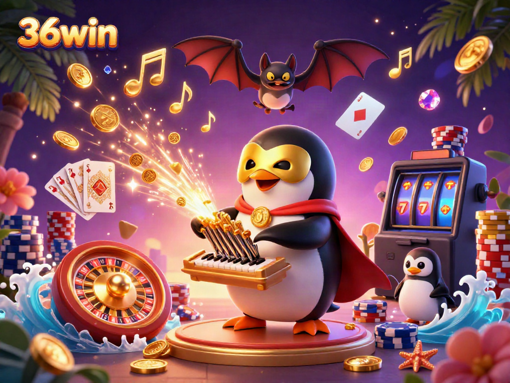 Win big at 36win with a vibrant casino scene featuring animated characters and exciting game elements.