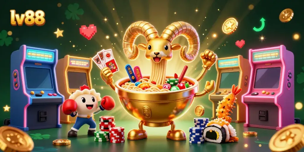 Engage with the exciting atmosphere of lv88 as giant ramen bowls and cheerful characters bring the casino experience to life.