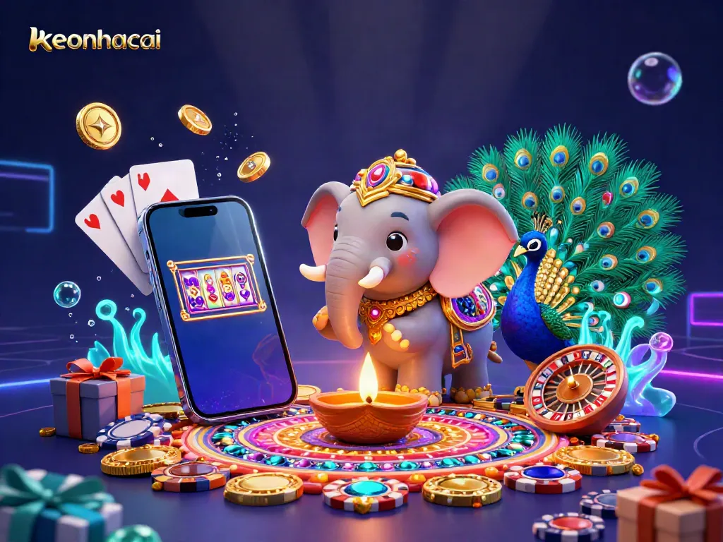 Experience the thrill of keonhacai with a vibrant 3D illustration showcasing a Diwali-themed casino scene filled with game elements.