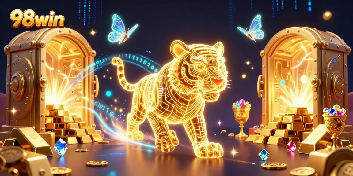 Place your bets at 98win, featuring a dynamic casino scene with golden tiger and treasures.
