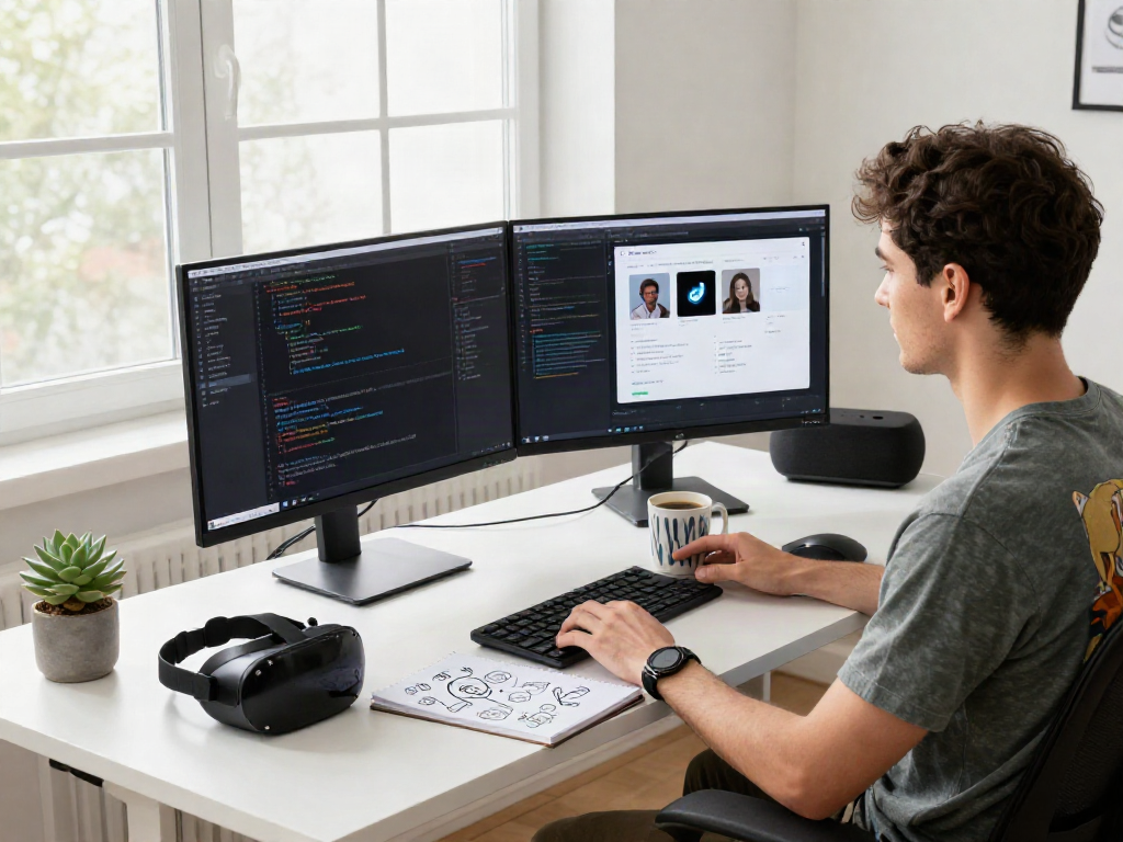 Workspace featuring nsfw ai application development by a software developer surrounded by tech gadgets.
