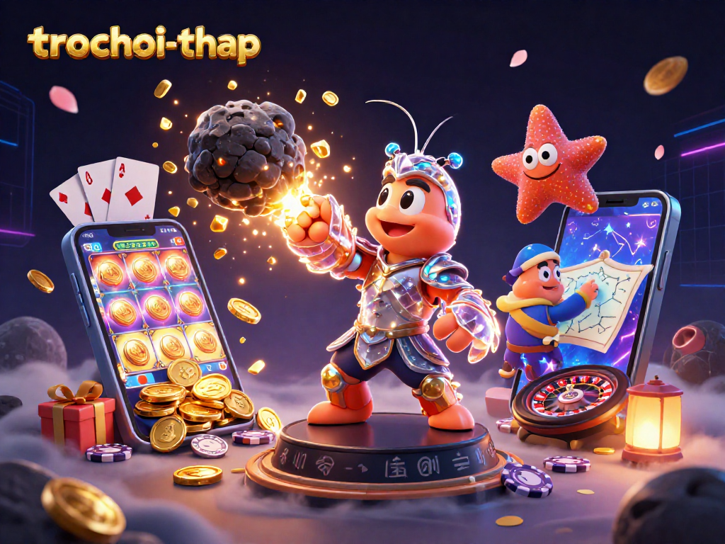 Navigate the trochoi-thap game under the glowing cosmic impact of a shrimp warrior amidst golden treasures.