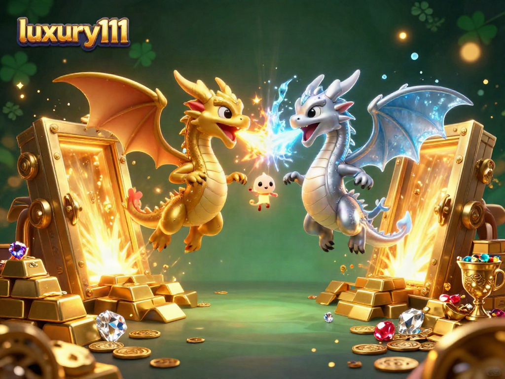 Experience luxury111 with twin dragons battling in a vibrant casino treasure scene, rich in detail.