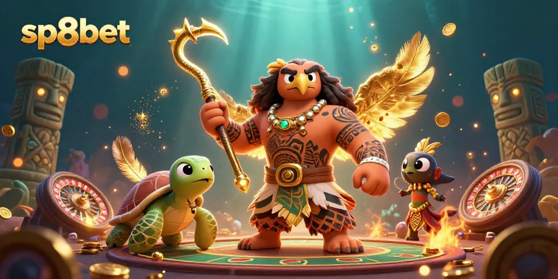 Experience thrilling gameplay with sp8bet's dynamic casino scene, featuring a Polynesian demigod and games.