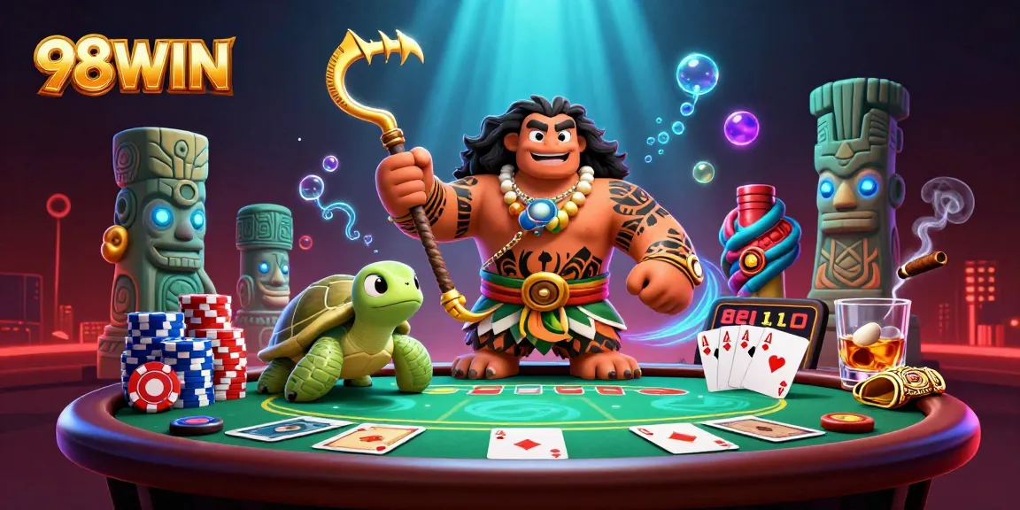 Engage with 98WIN's vibrant casino scene, showcasing unique character dynamics and poker elements.