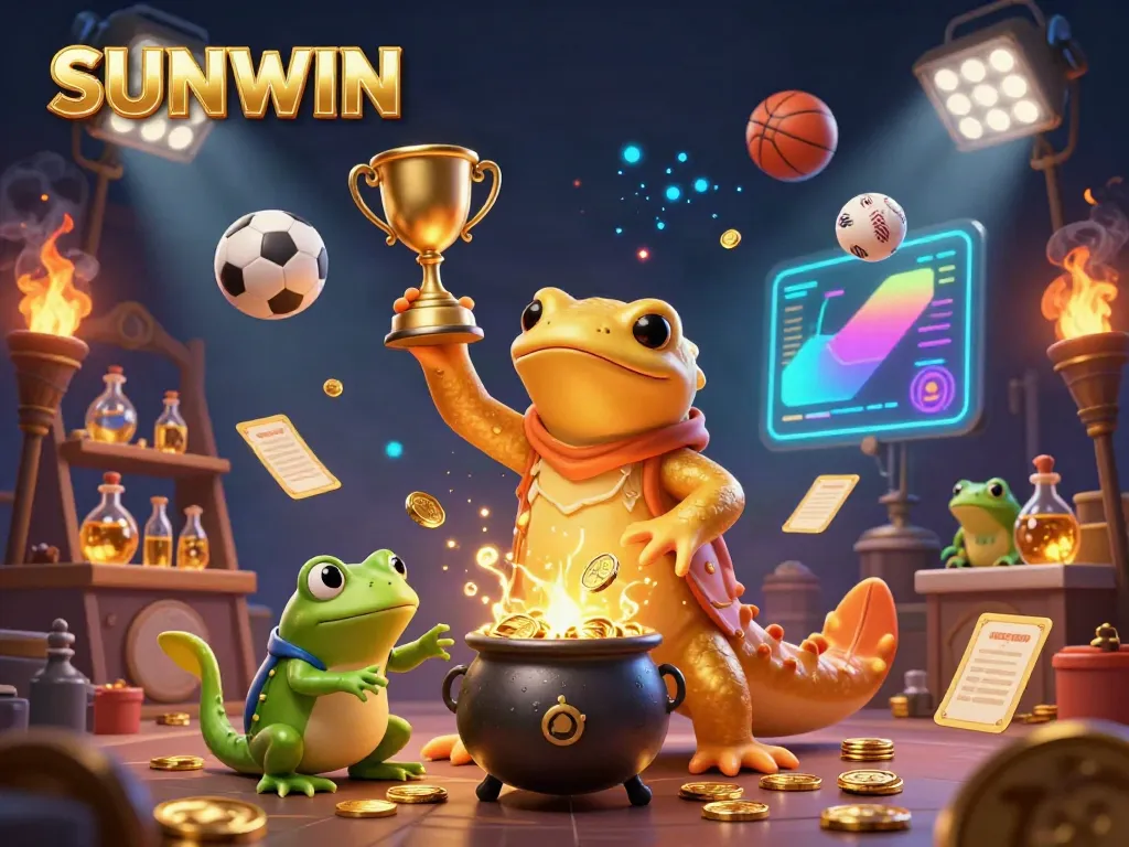 SUNWIN online gaming illustration featuring a golden salamander alchemist in a magical lab creating gold coins.