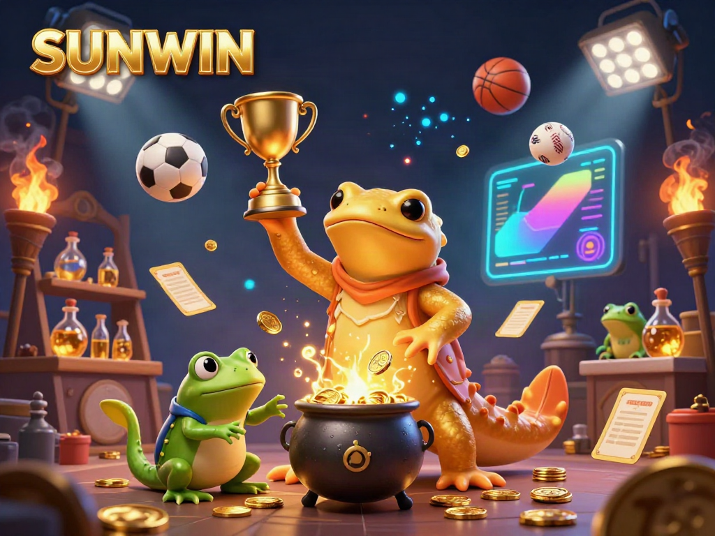 SUNWIN online gaming illustration featuring a golden salamander alchemist in a magical lab creating gold coins.