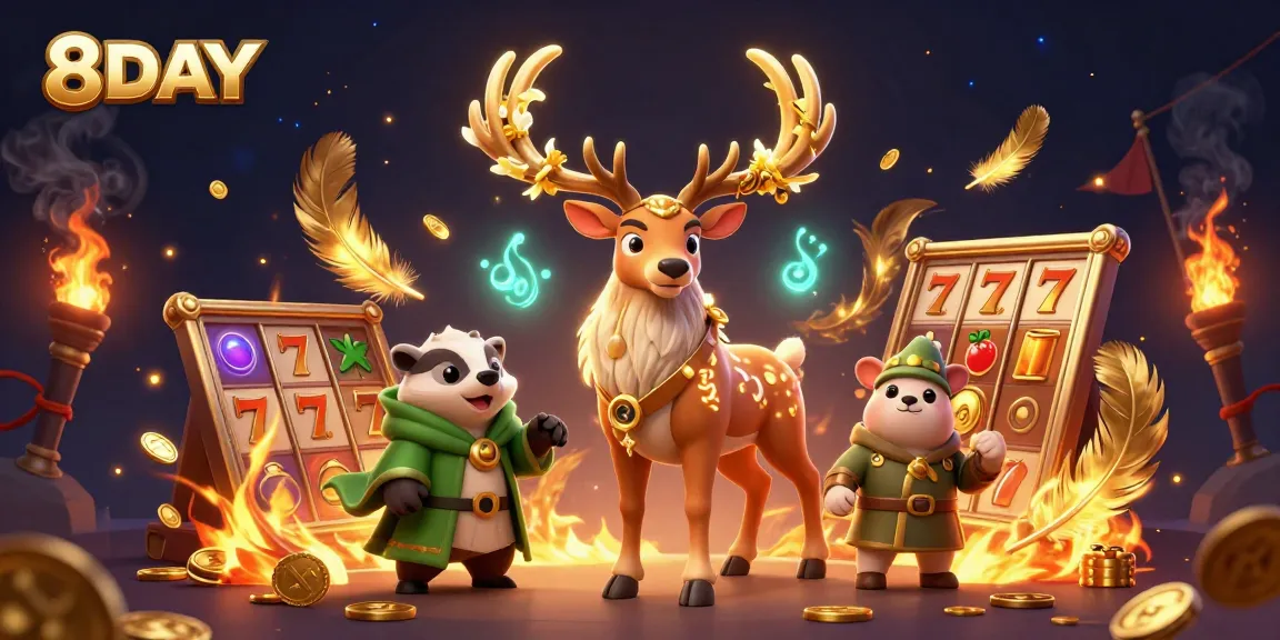 Play slots and jackpots with engaging visuals at 8DAY, featuring rich gaming elements and characters.