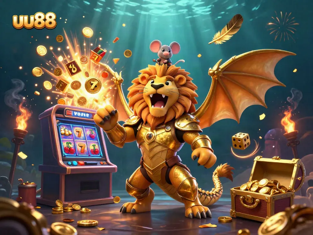 uu88 showcases thrilling casino experiences with a dynamic 3D chimera and a jackpot explosion.