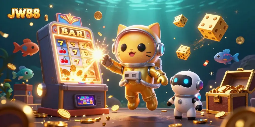 Engage with JW88's thrilling casino atmosphere amidst a cosmic adventure featuring playful characters.