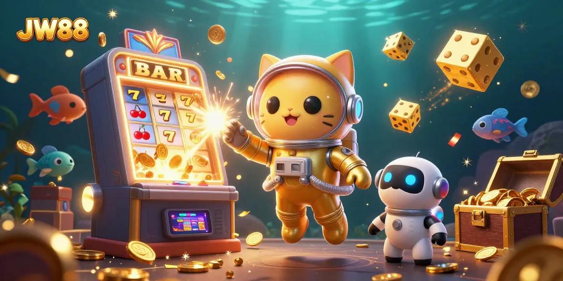 Engage with JW88's thrilling casino atmosphere amidst a cosmic adventure featuring playful characters.